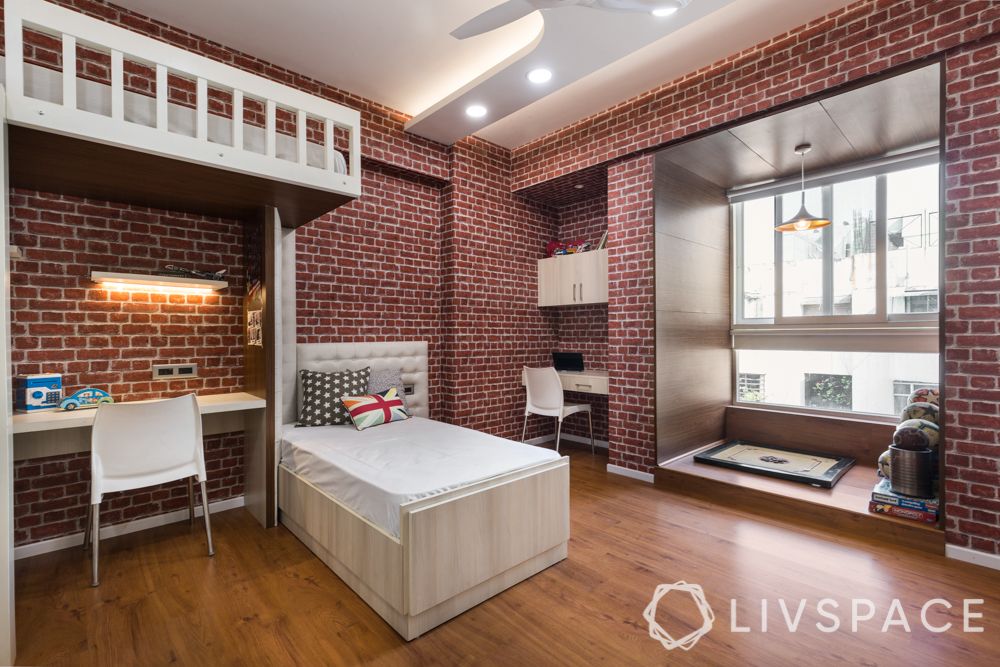 wooden flooring-rustic bedroom-brick like walls