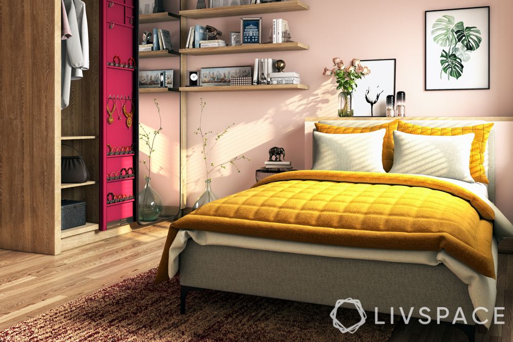 bedroom-makeover-wall-shelves-bed-wardrobe