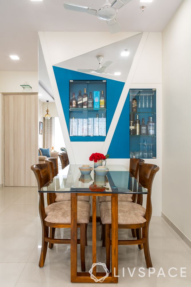 
small-house-design-plans-bar-unit-dining-room-blue-white-panel-mirrors