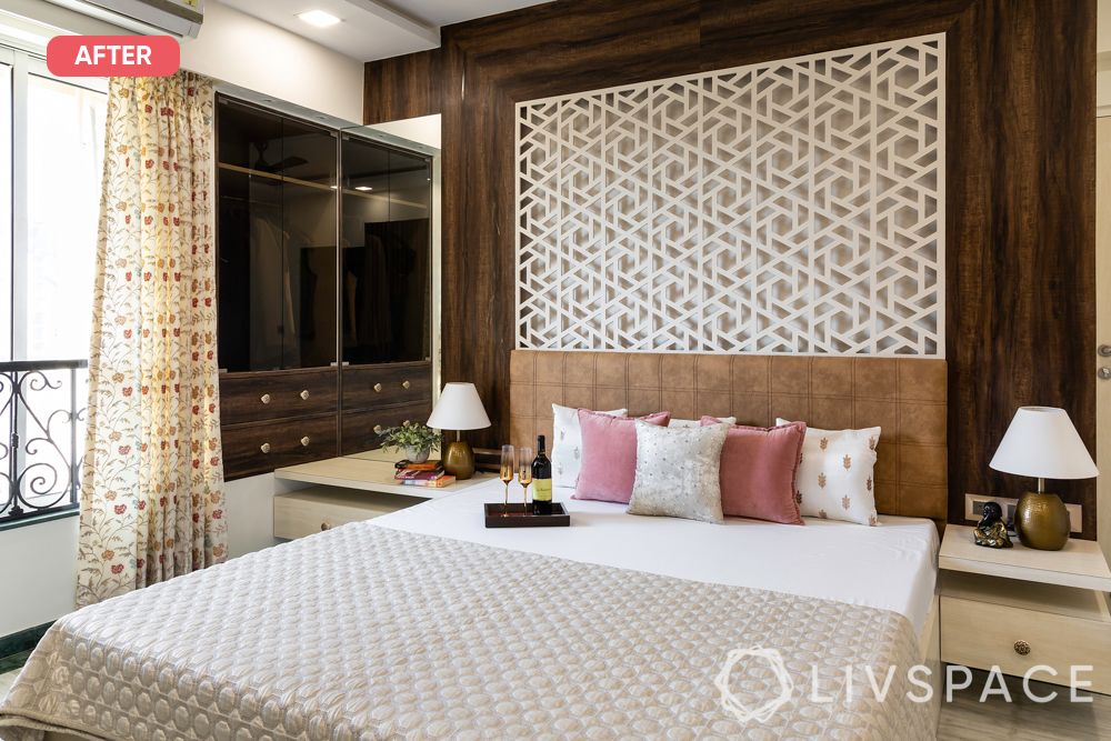 mumbai flat-after image-master bedroom-jaali headboard-leatherette headboard-wooden panels-glossy laminate dresser unit