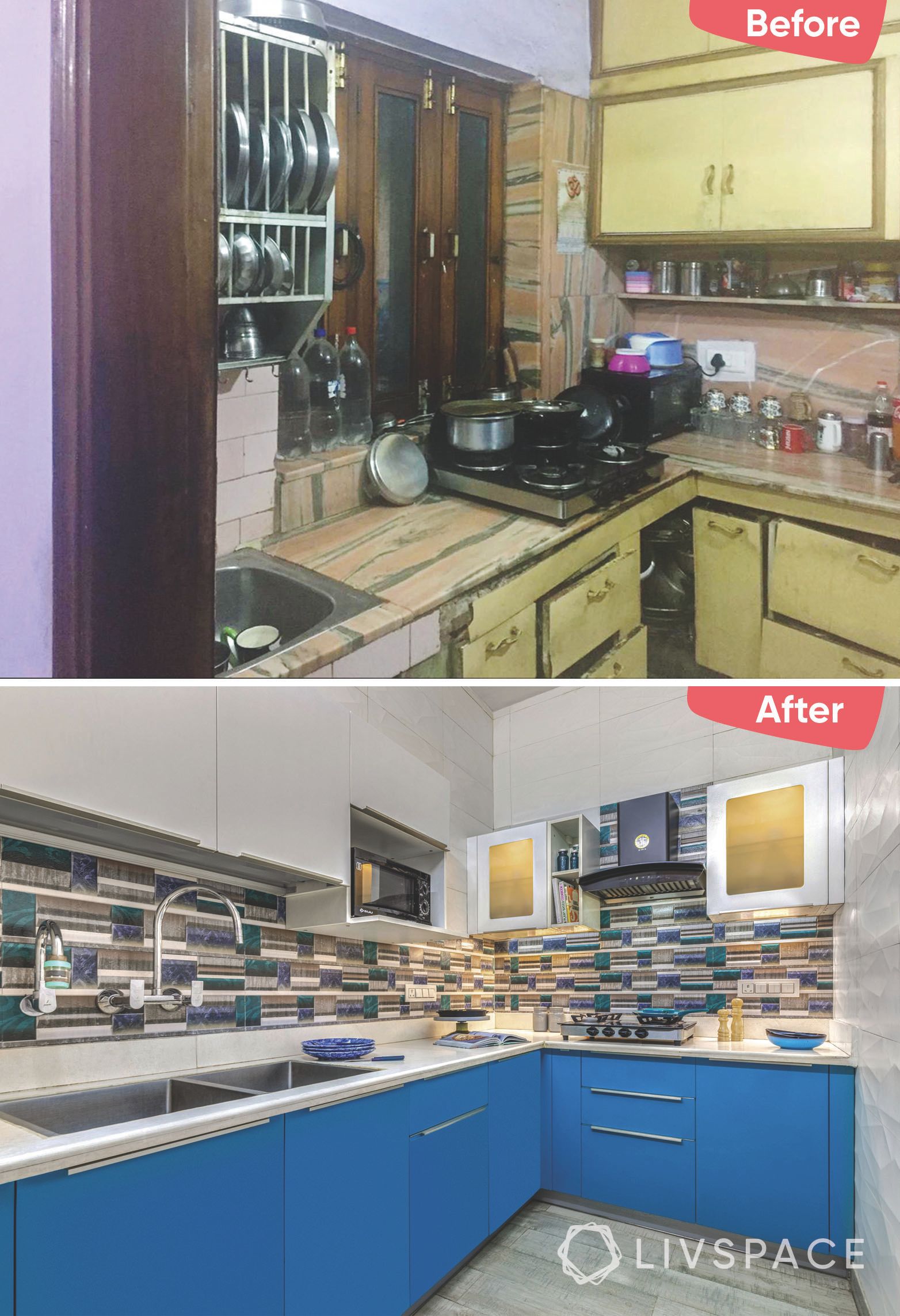 small-kitchen-interior-before-after-wooden-blue-white-cabinets-quartz-countertop-grey-flooring
﻿
