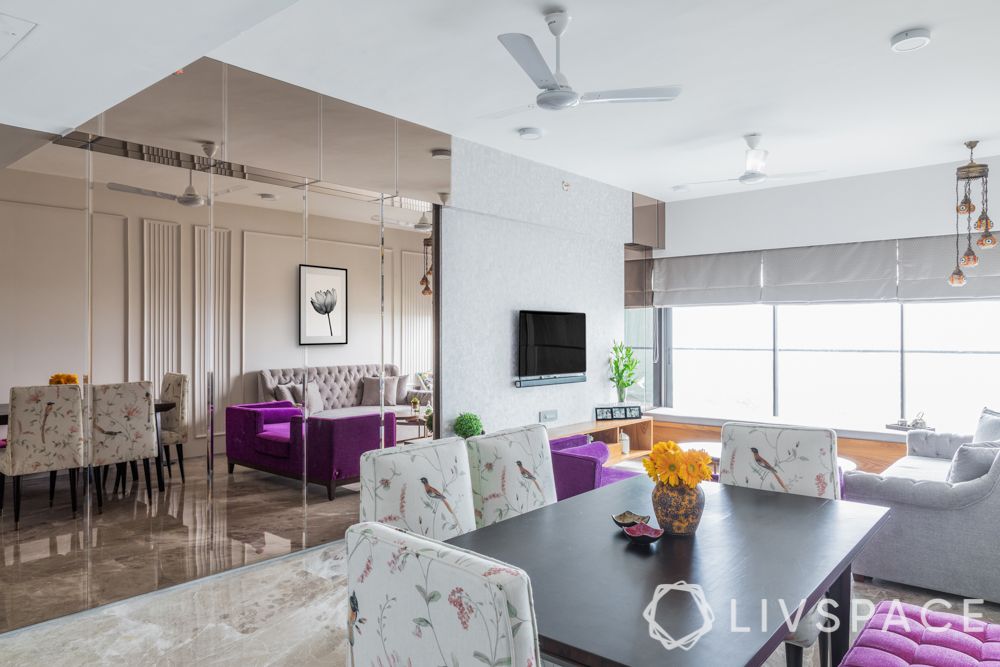small house design ideas-dining room-mirror wall-wall trims-purple sofa