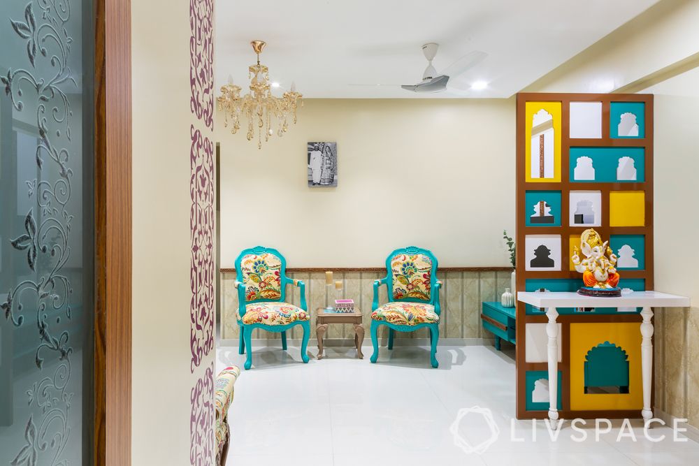 foyer decor- floral chairs-Ganesha-partition