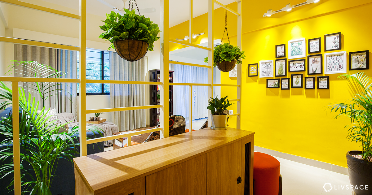 foyer decor-metal partition-cabinet-planters-accent wall