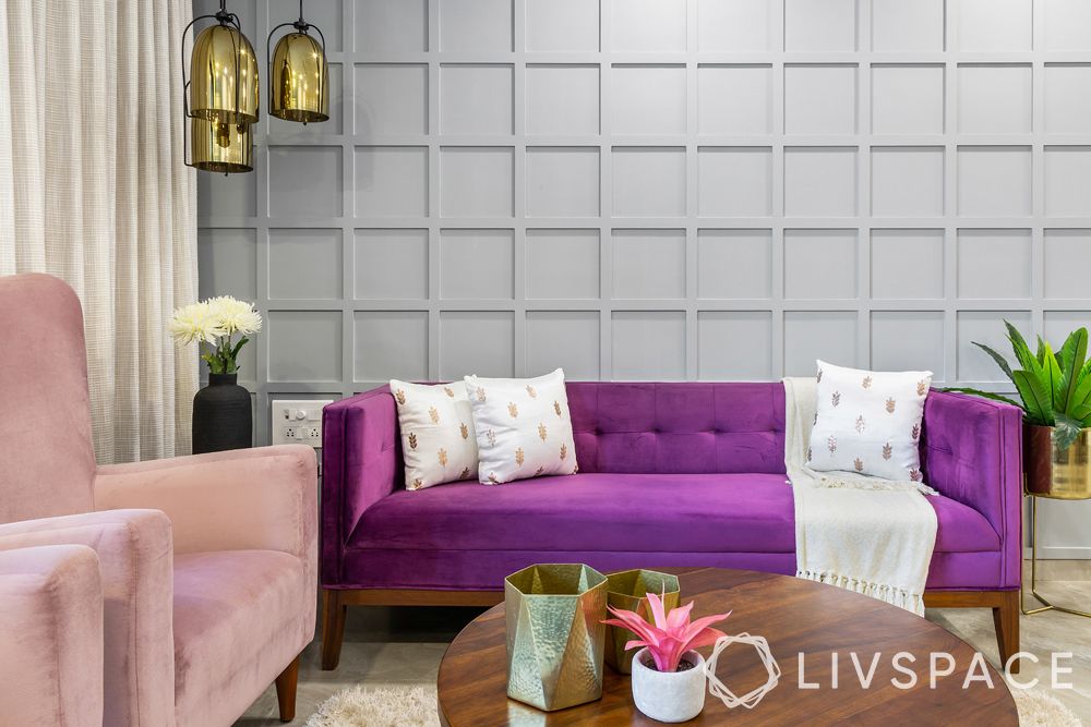 small modern house design-accent wall-lighing-purple sofa