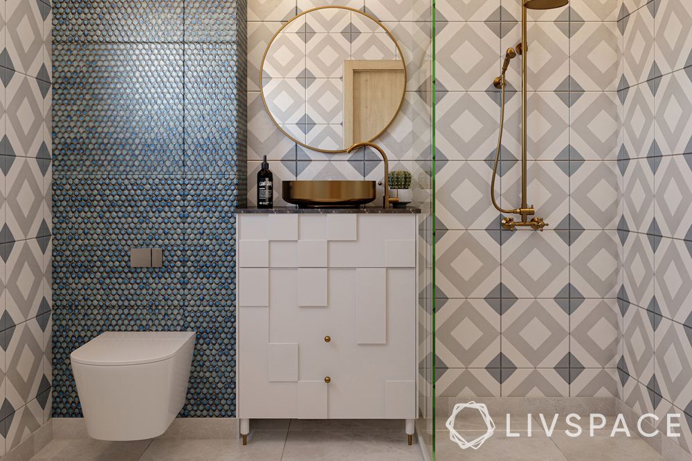 modern bathroom ideas-circular mirror-copper shower