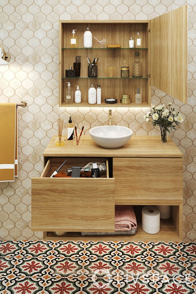 modern-bathroom-ideas–moroccan-tiled-flooring–wooden-cabinets