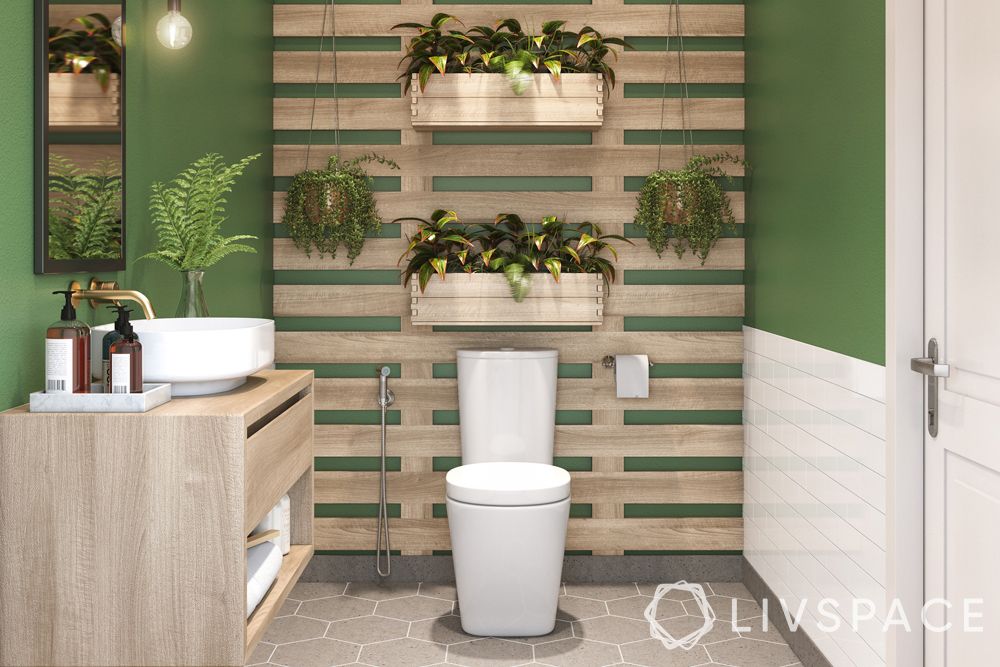 modern bathroom ideas–green walls–wooden wall pallet