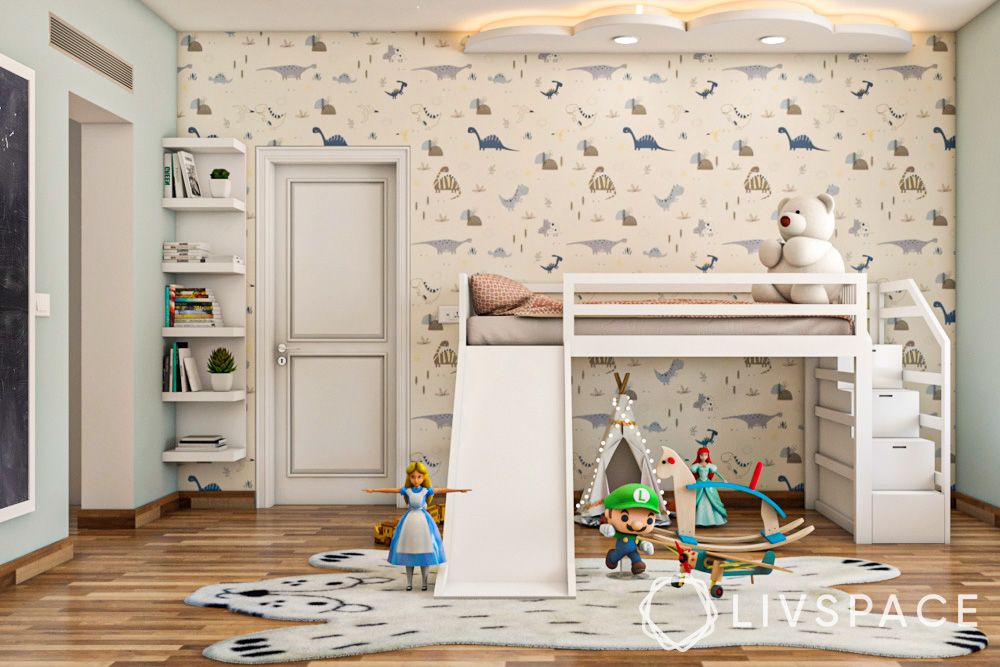 kids-bedroom-with-play-area-and-dinosaur-themed-wallpaper