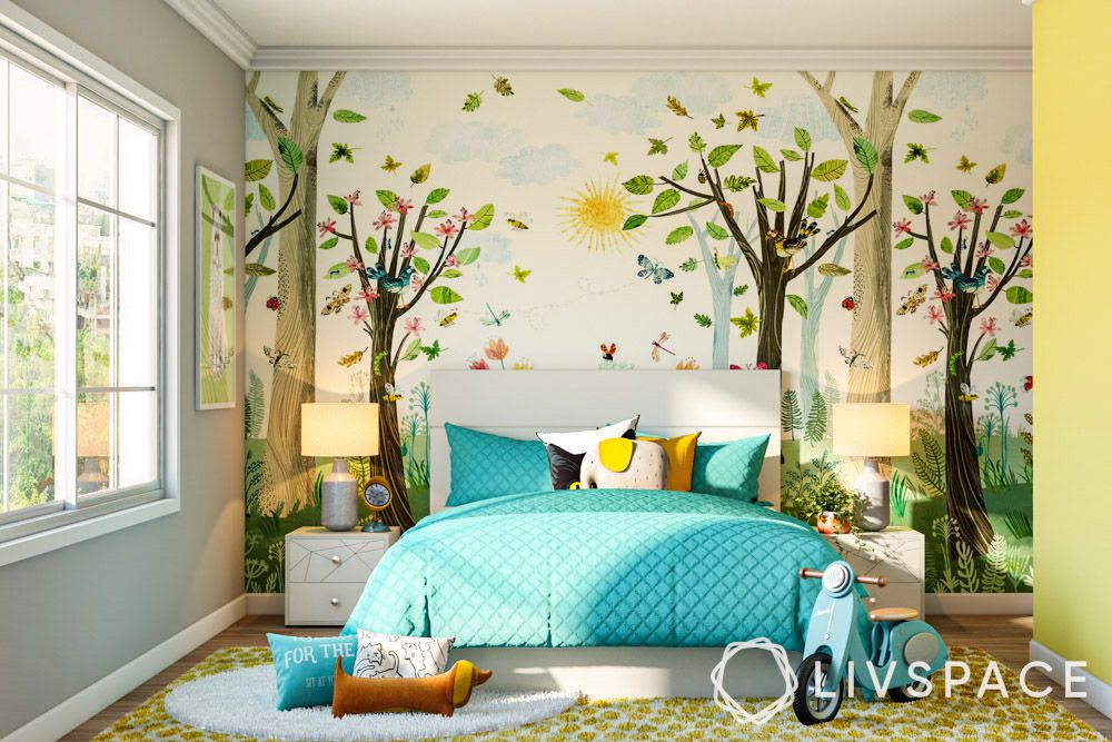 kids-bedroom-design-with-forest-themed-wallpaper