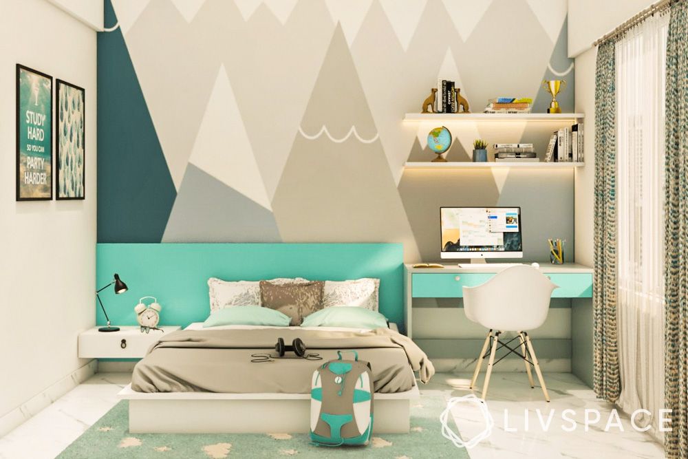 mountain-themed-wall-design-with-mint-green-bed-headboard