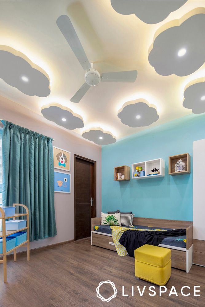 flower-shaped-false-ceiling-design-with-wooden-daybed