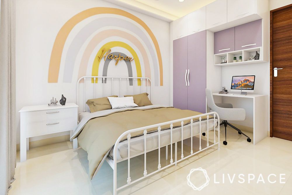 pastel-wall-rainbow-with-lilac-wardrobes-and-metal-frame-bed