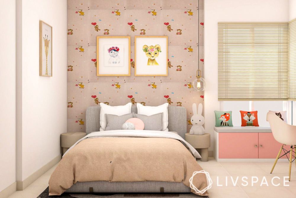 pink-bedroom-with-patterned-wallpaper-and-grey-bed