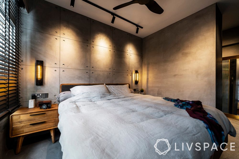 bedroom-design-industrial-bedroom-cement-screed-wall