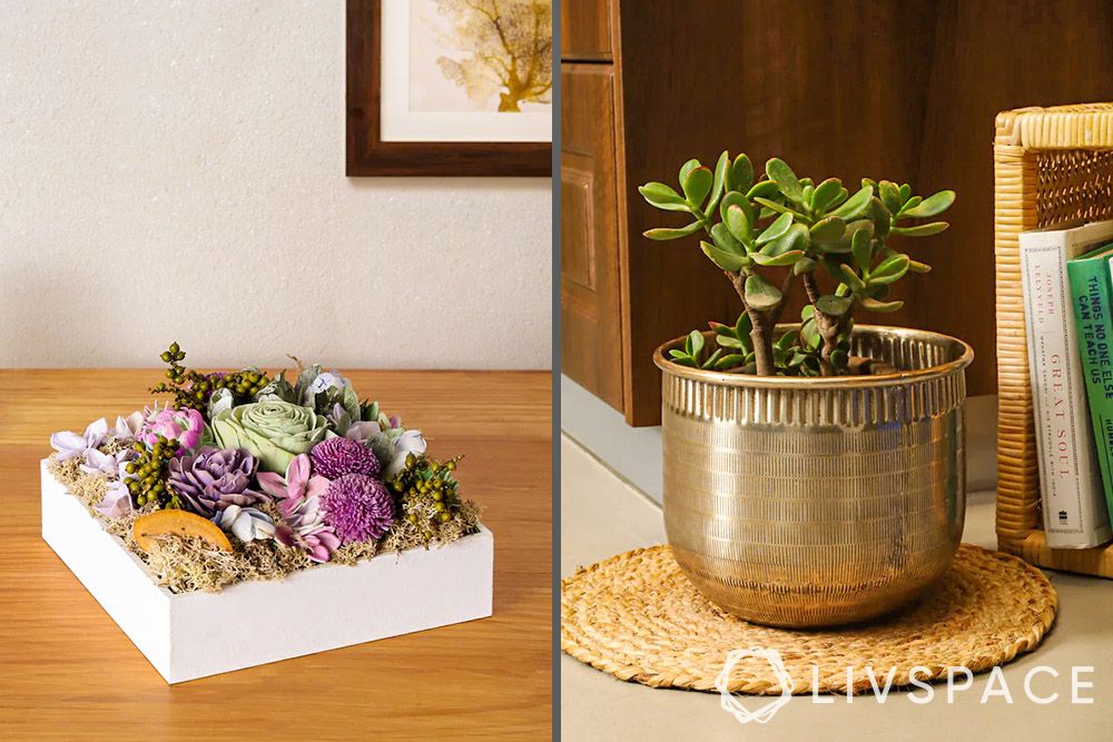 faux-botanicals-and-brass-planters-for-budget-decor