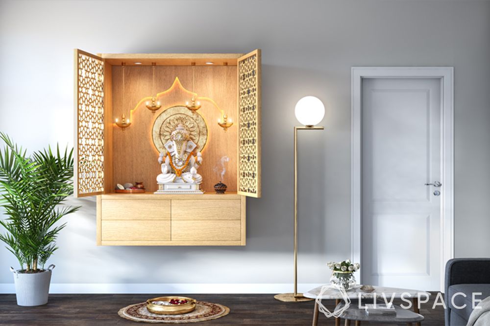 mandir designs for small flats-wall mounted-jali doors