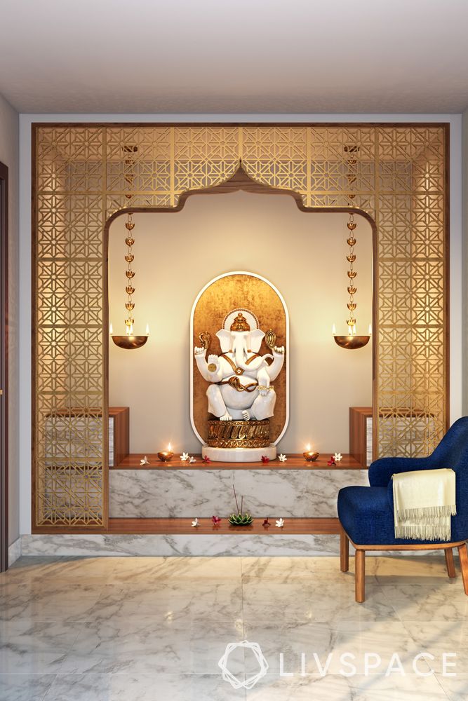 mandir designs for small flats-jali partition-traditional lamps