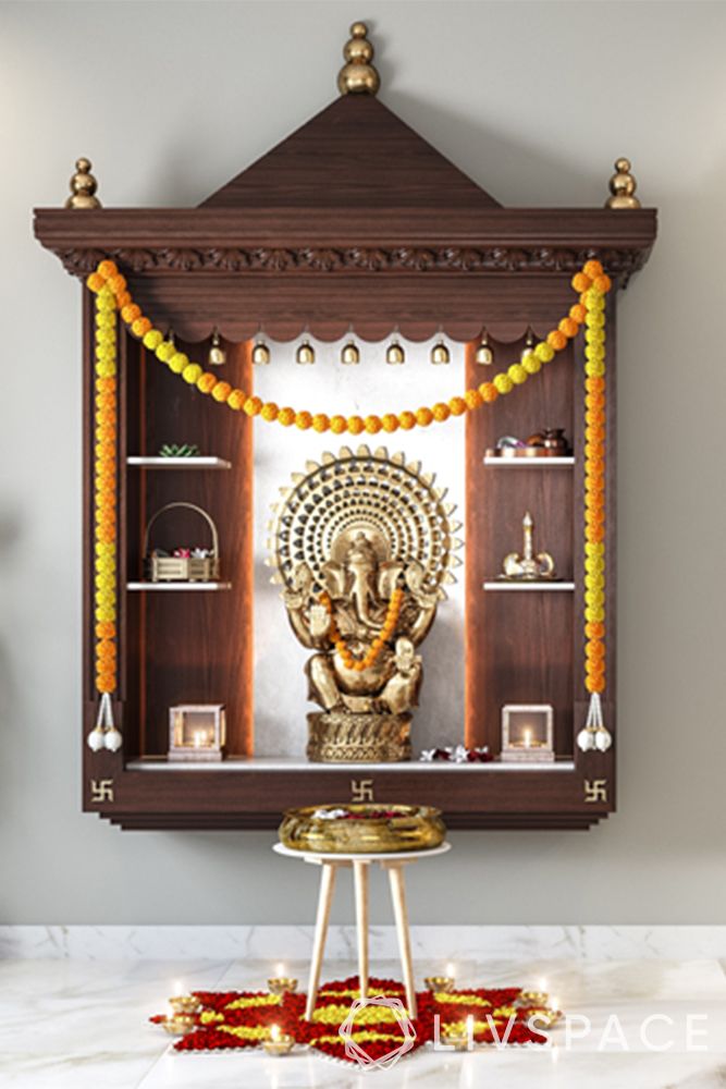 mandir designs for small flats-traditional triangular top-shelves