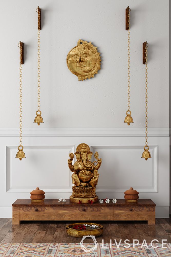 mandir designs for small flats-short wooden unit-bells