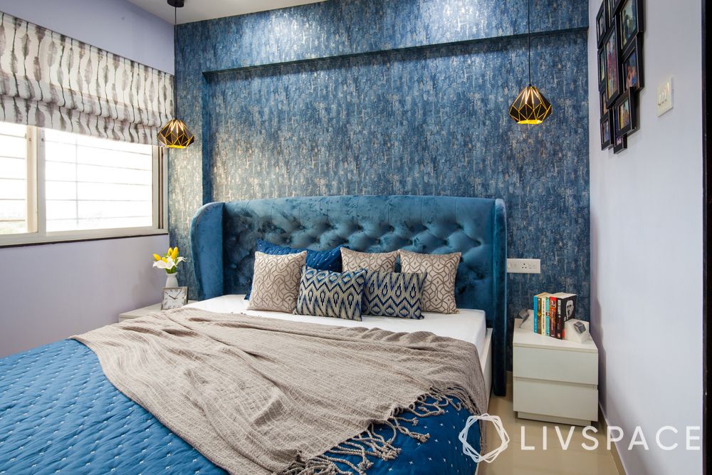 very small house design-bedroom-blue wall-blue headboard