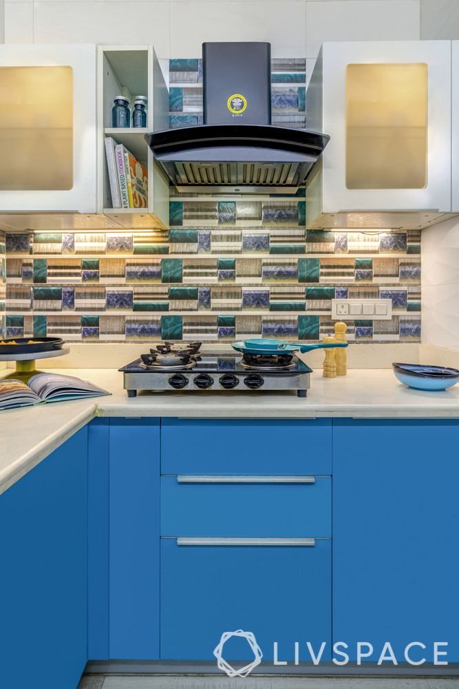 small kitchen design tips-blue cabinet-lighting