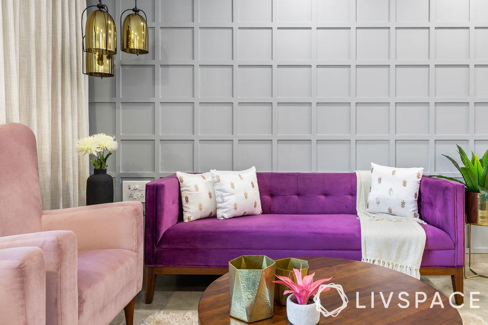 low budget simple house design-wall panelling-board and batten-purple sofa-pendant light