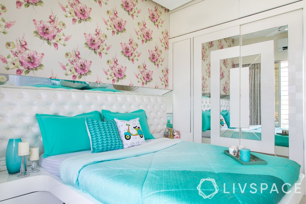 small bedroom cupboard designs-white wardrobe-floral wallpaper