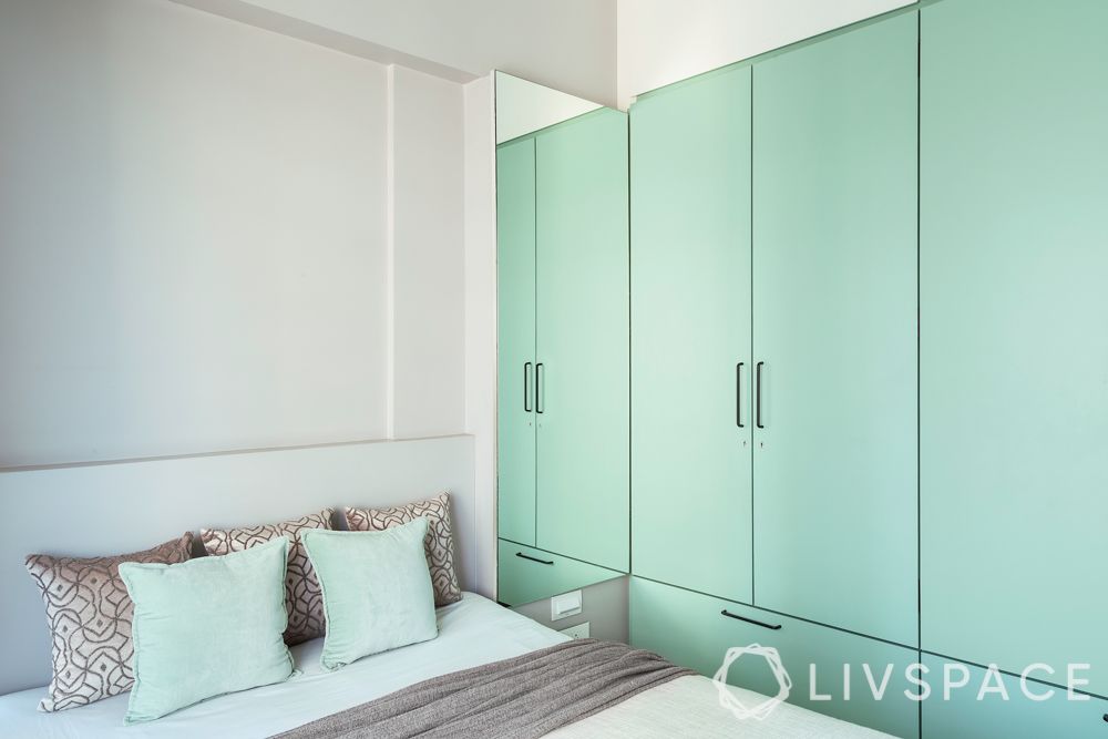 small-bedroom-cupboard-designs-mint-colour-swing-door