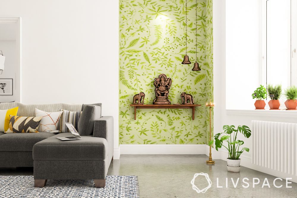 pooja-room-designs-wall-mounted-unit-green-accent-wall-vastu-colour