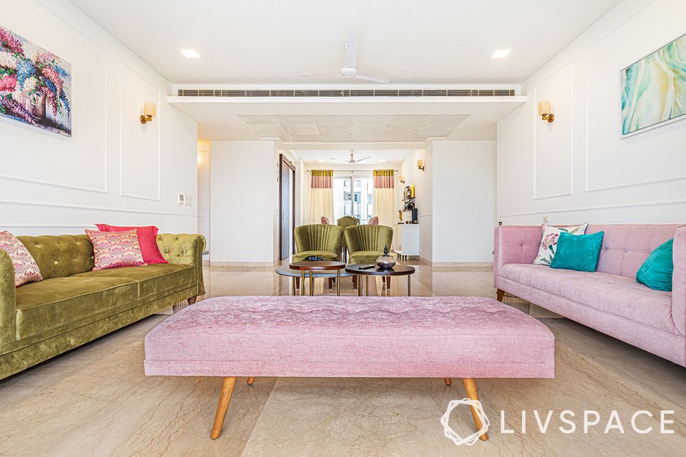 delhi-house-design-living-room-dusty-pink-Zuri-bench-pink-sofa-olive-green-sofa-accent-chairs