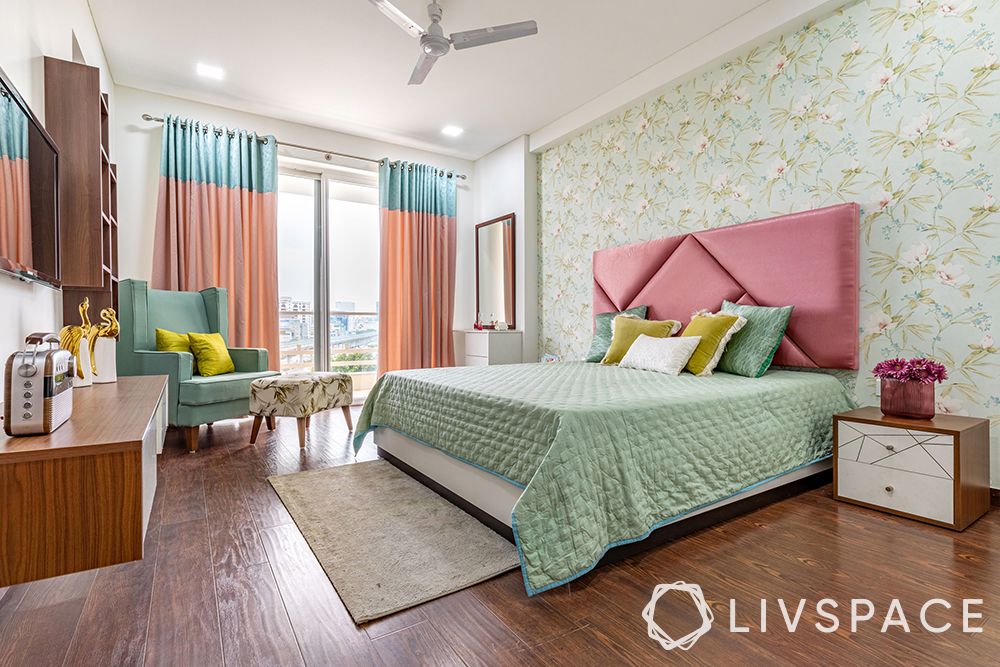 home-interiors-in-delhi-bedroom-pastel-themed-floral-wallpaper
