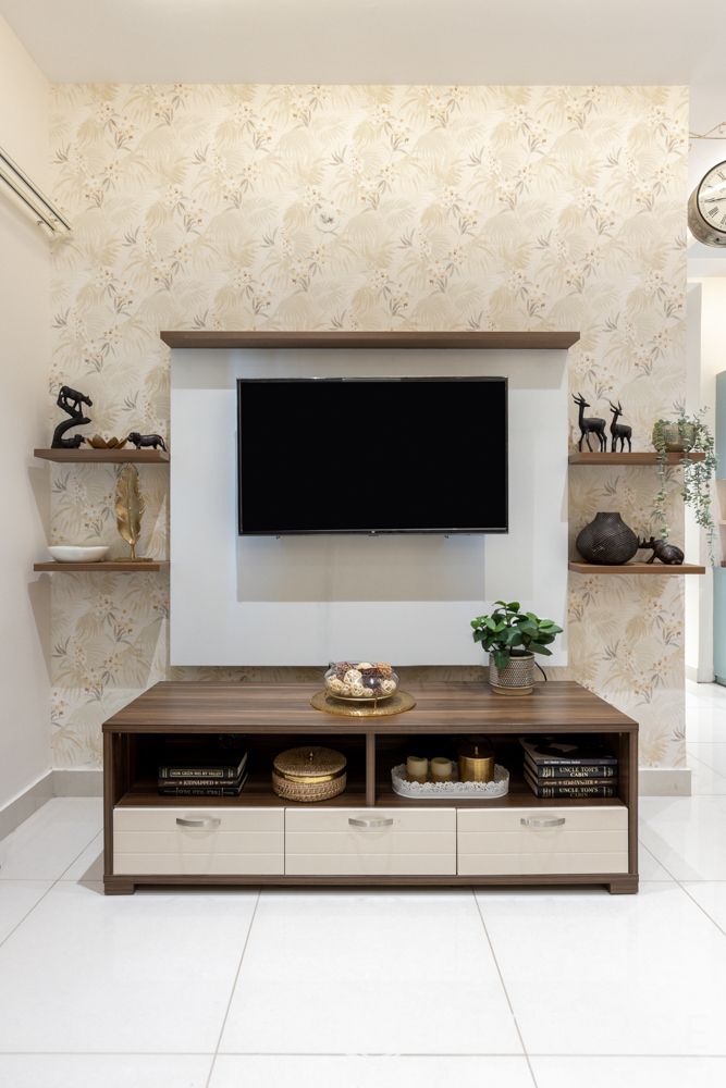 3bhk-flat-in-bangalore-TV-unit-beige-wallpaper