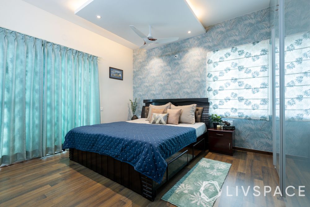 3bhk-flat-in-bangalore-master-bedroom-blue=wallpaper-curtains