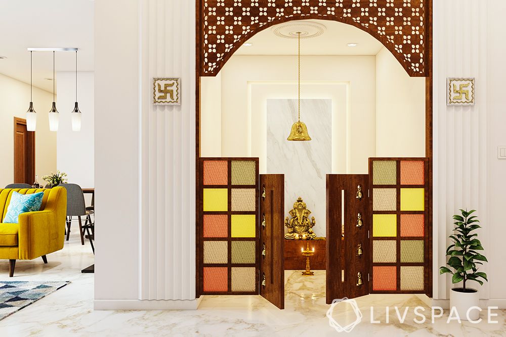 pooja-room-glass-door-design-stained-glass-panels-wooden-arch