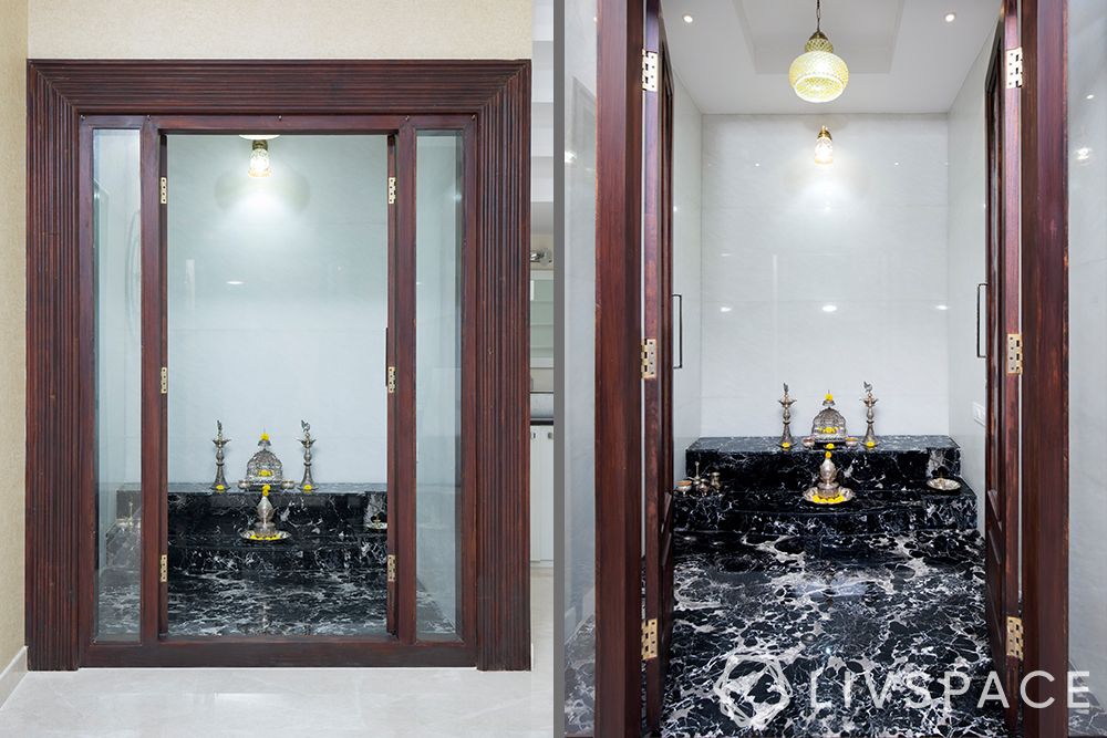 pooja-room-glass-door-design-marble-counter-wooden-frame-doors