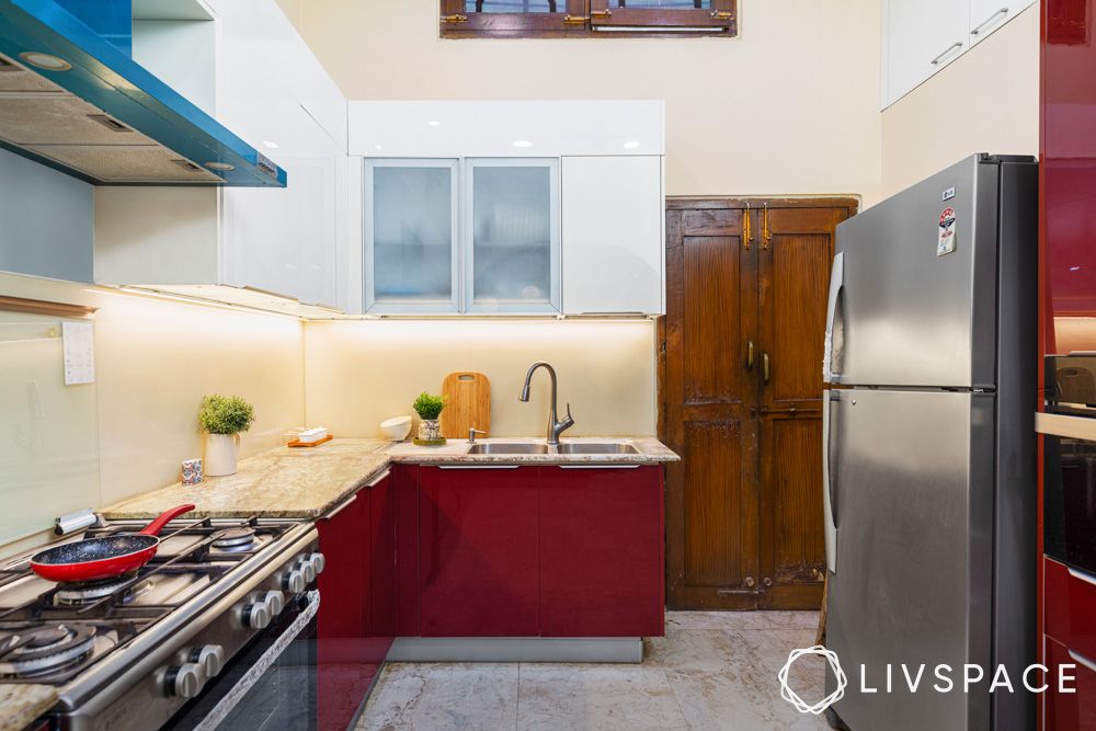 double-sink-kitchen-design-with-red-base-cabinets