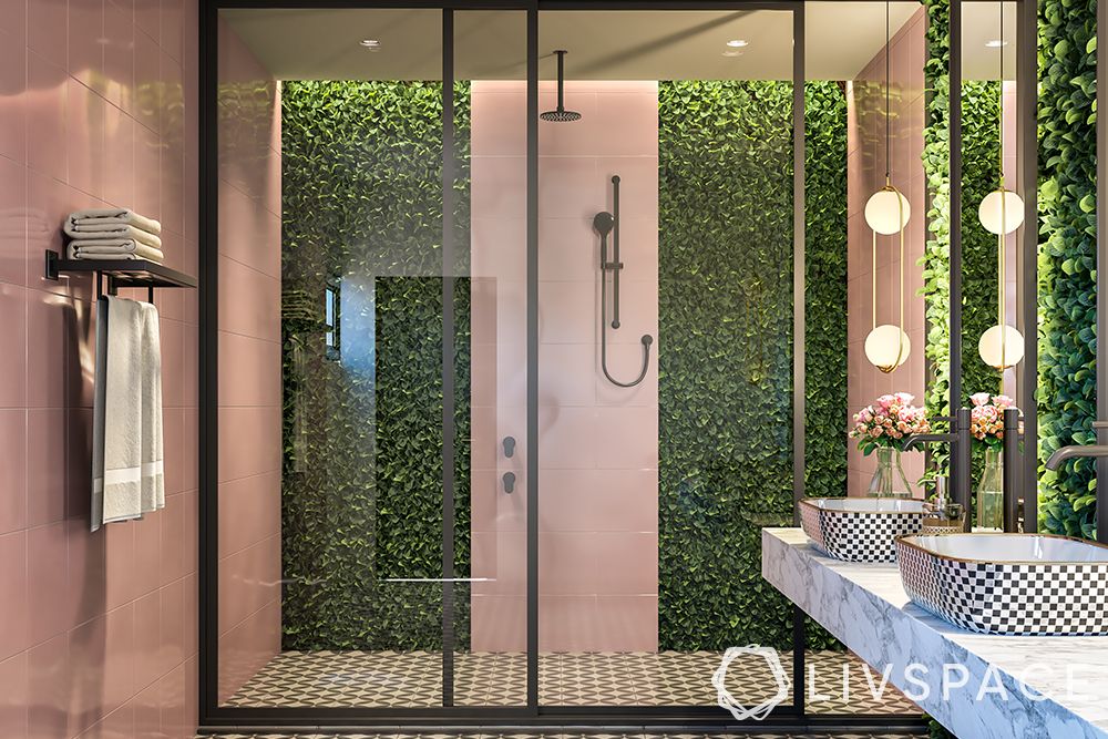 planter-wall-modern-bathroom-ideas-two-sinks-pink-walls