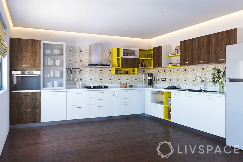  l-shaped-kitchen-design-yellow-cabinets-wooden-flooring-white