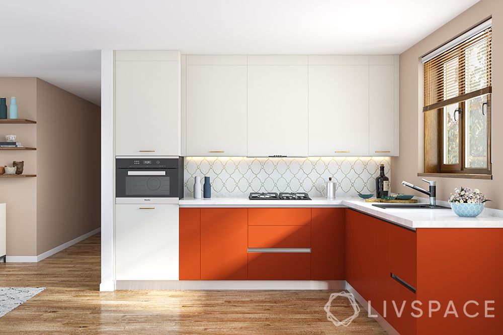 l-shaped-kitchen-design-orange-white-kitchen-wooden-floor-handless