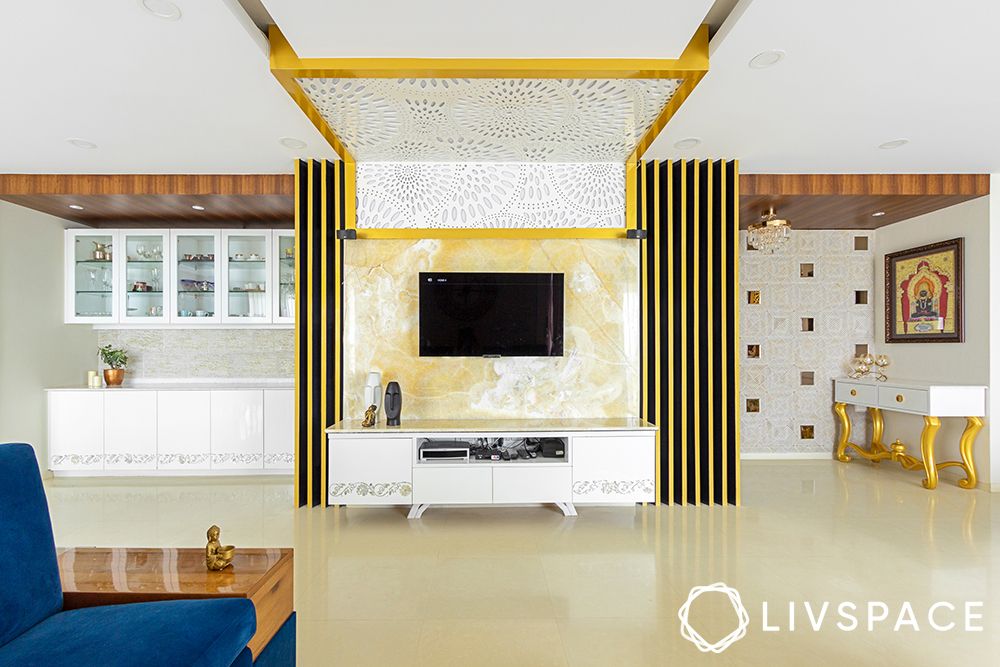 false-ceiling-design-jaali-work-living-room-white-tv-unit-in-niche-puja-room-crockery-unit