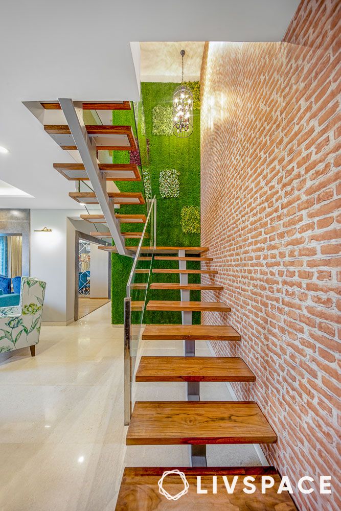 staircase-wall-design-with-brick-wallpaper