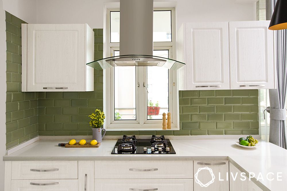kitchen-colour-combinations-green-and-white-exposed-brick wall-design