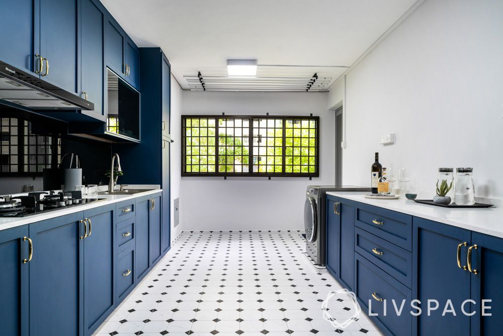 blue-parallel-kitchen-with-linoleum-flooring