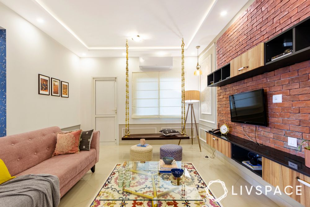 sobha-aspire-living-room-neo-ethnic-design-swing-printed-carpet-3-bhk-room-design