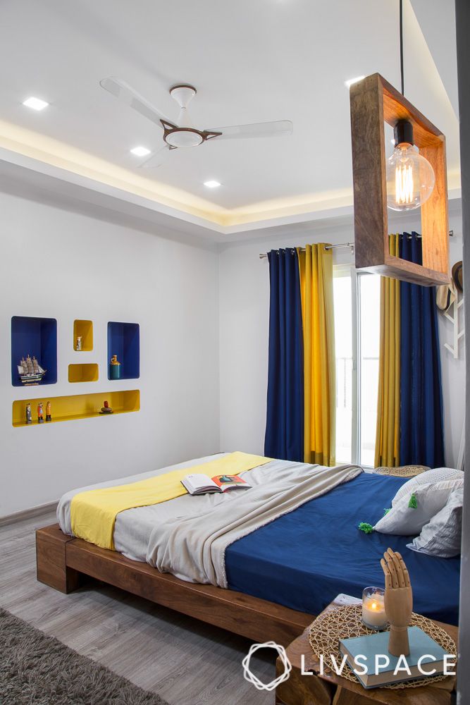 New-house-design-blue-and-yellow-bedroom-edison-bulb-side-table-wall-niches