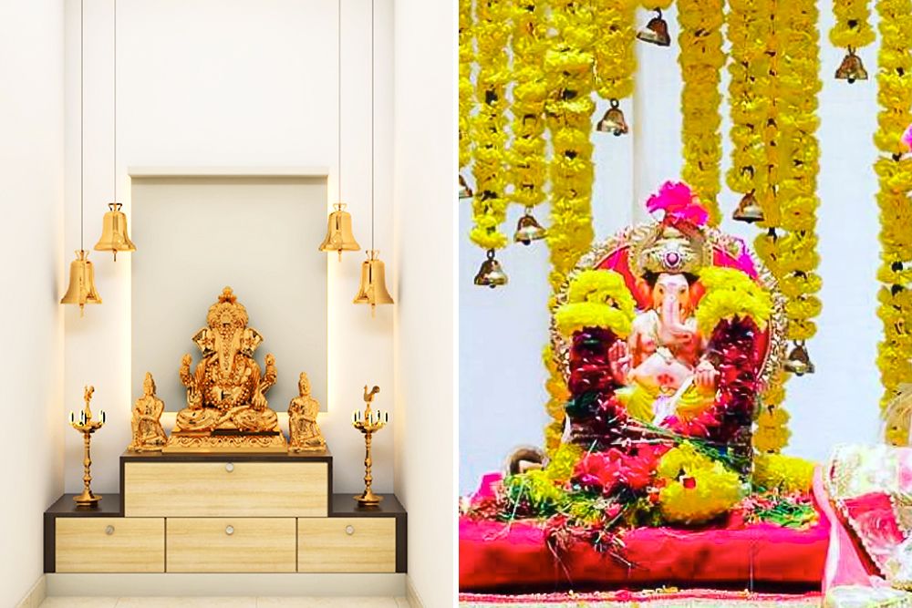 Ganpati Decoration Ideas Ganpati Decoration Photos At Home   Ganpati Decoration Ideas With Marigolds And Bells 