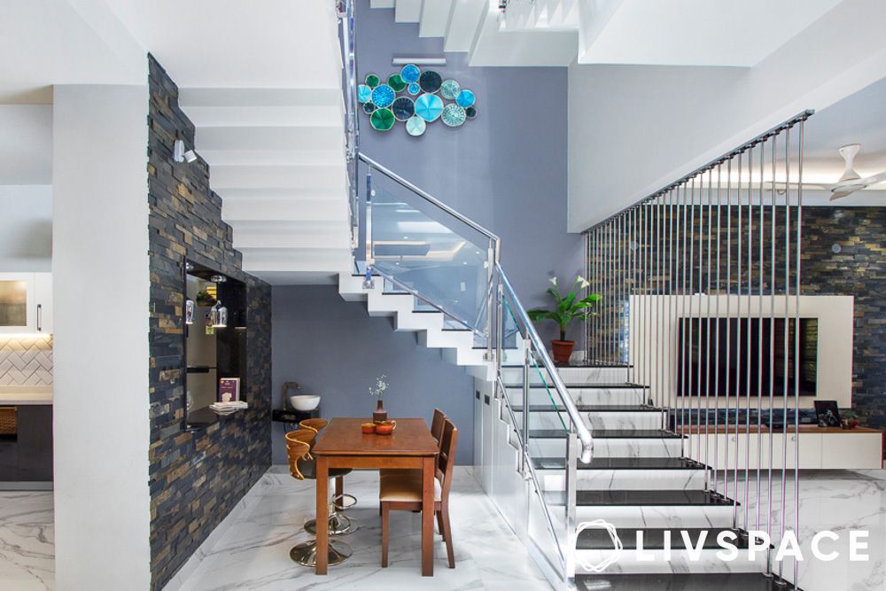 stair handrail design with glass and steel