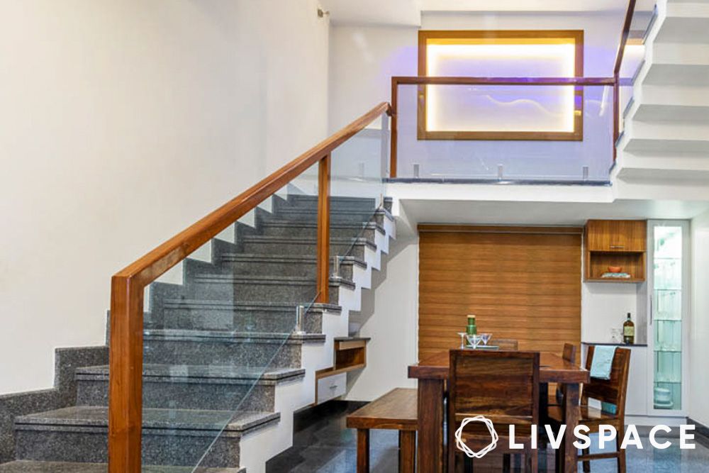 stair handrail design with wood and glass