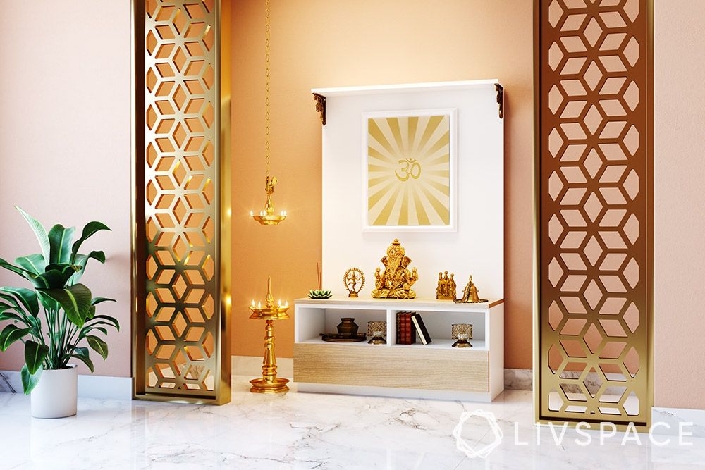 pooja-room-design-with-brass-jaali-partition